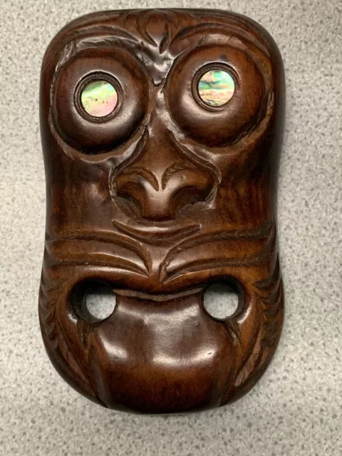 Vintage Maori Hand Carved Wooden Tiki Face With Paua Shell Eyes New Zealand