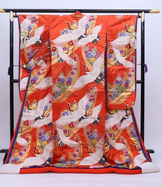 Japanese Wedding Silk Kimono Uchikake Gold Leaf Crane Flower Leaf Glossy Red 71"
