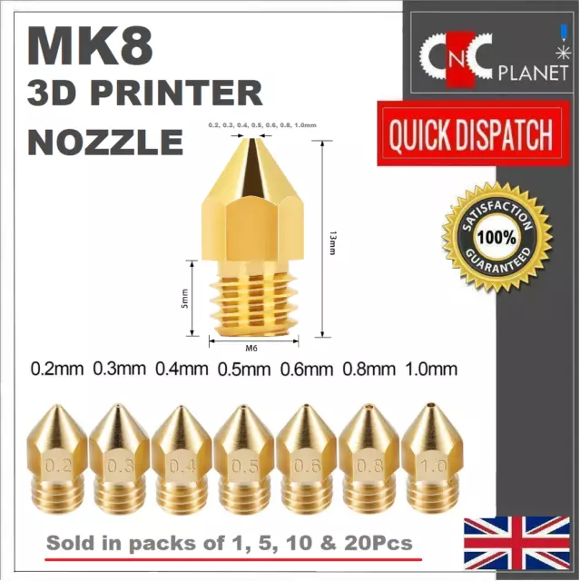 3D Printer Nozzle Brass Extruder MK8 For CR-10 Ender 3 Anet A8 M6 0.2mm to 1mm