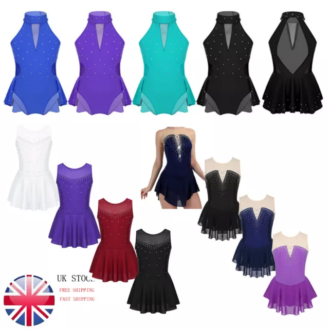 Girls Kids Figure Roller/Ice Skating Tutu Dress Ballet Gym Leotard Dance wear UK