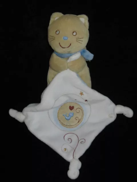 Doudou Chat marron beige avec mouchoir bleu et blanc oiseau brodé Pommette