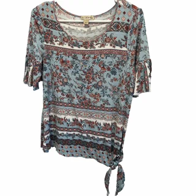 Blue Short Flutter Sleeve Top Ladies Shirt Size Small Floral With Side Tie