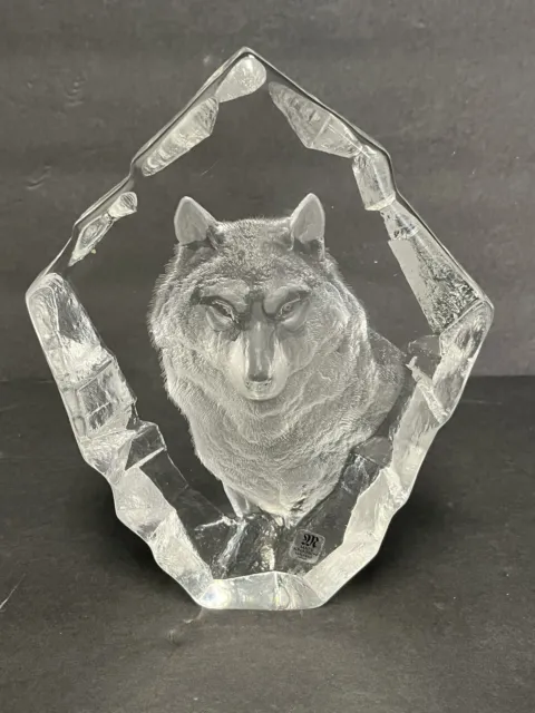 MATS JONASSON Maleras Sweden Lead Crystal Wolf Paperweight Signed XL Sculpture
