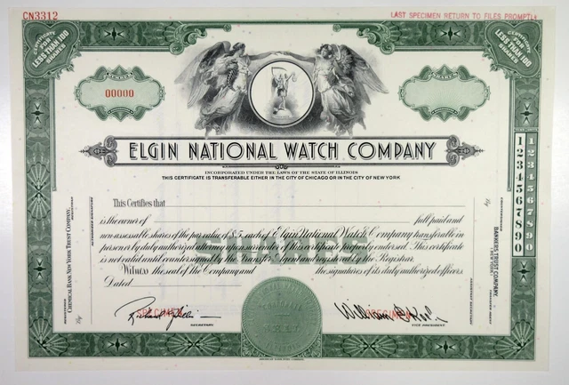 IL. Elgin National Watch Co., 1940s 100 Shares Specimen Stock Certificate, XF