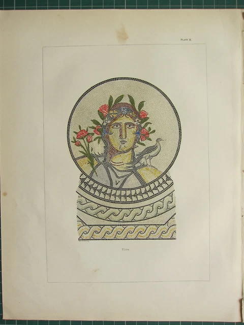 1850 Print Roman Cirencester ~ Flora Figure Portrait Tesselated Mosaic Patterns