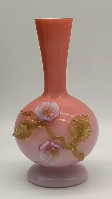Antique Victorian Stevens & Williams Peachblow Cased Applied Flower Glass Vase