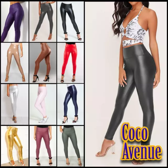 Ladies PU Leather Wet Look High Waist Leggings Stretchy Fleece Trouser Pants