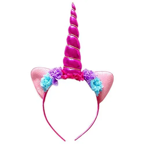 Unicorn Headband for Girls, Shiny Unicorn Horn Headdress Flower Ears Rose