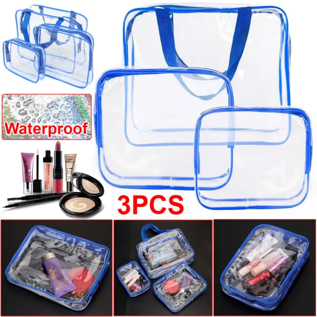 3 Piece Cosmetic Makeup Toiletry Clear Pvc Travel Wash Bag Holder Pouch Set Kit.