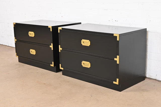 Bernhardt Hollywood Regency Black Lacquered Campaign Nightstands, Refinished