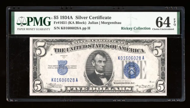 DBR 1934-A $5 Silver Fr. 1651 KA Block PMG 64 EPQ Serial K01606028A