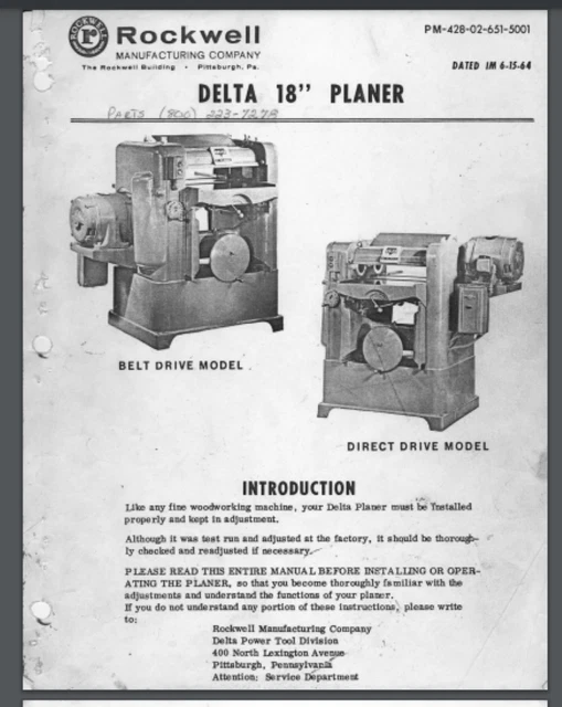1964 Delta Rockwell 18 inch Planer owner parts manual 24 pages belt and direct