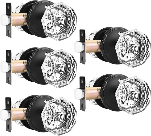 5 Pack Glass Door Knobs with Flat Black Rosette, Bath/Bed Door Knobs for Privacy