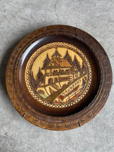 Poland , Polish Folk Art Carved Wood , a plate 9 inch Zakopane Cottage Core