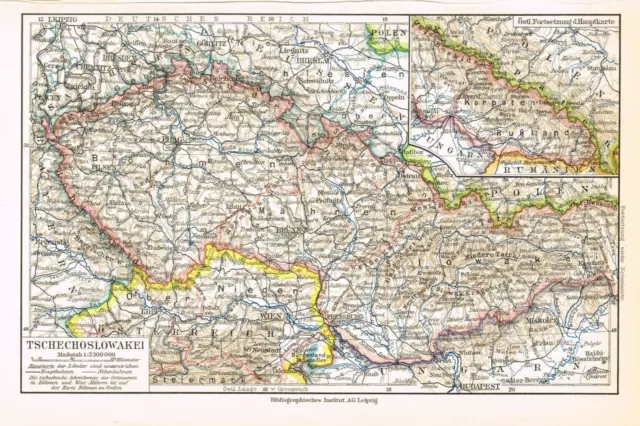 Czechoslovakia, Central Europe, Czech Slovak Rep Antique German Map, Meyers 1930 2