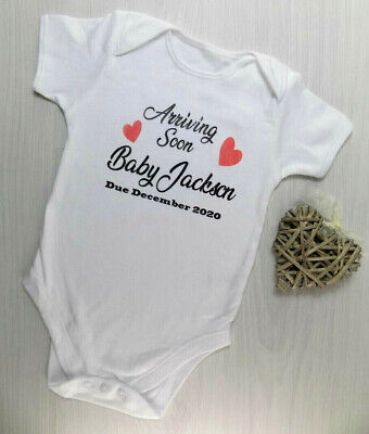 Personalised Coming Soon announcement baby grow vest bodysuit baby shower gift