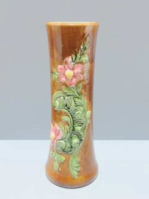 -JOLI VASE ANCIEN BARBOTINE décor Floral en EPAISSEUR COLLECTION déco XXe   D