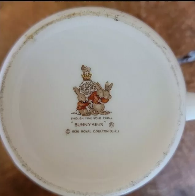 Royal Doulton - Bunnykins - Double handed Coffee Mug Unraveling Knitting 1936 3