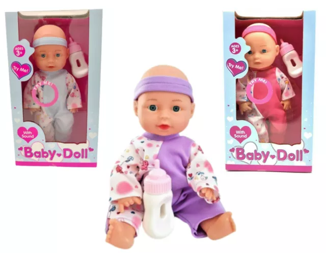 Bambola bambino 10" con suoni vestiti e bottiglia latte giocattolo coccole