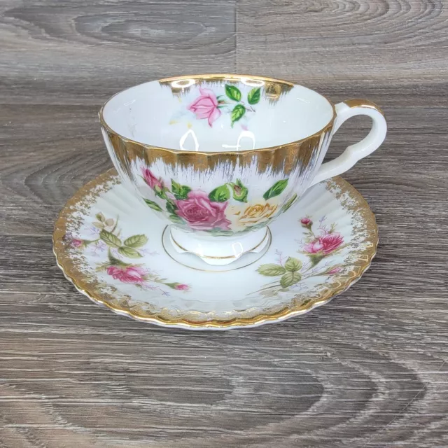 Tuscan Pink Roses Gold Trim Gilded Tea Cup & Saucer Bone China Japan