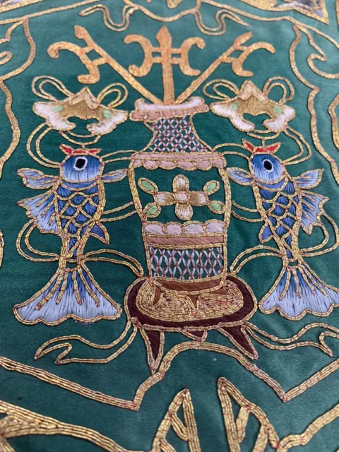 vtg silk embroidery on silk table dollie gold thread koi lotus flower detail 11"