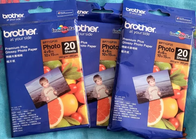 Brother Premium Plus Glossy Photo Paper 10x15cm 4x6”20 Sheets   X 3