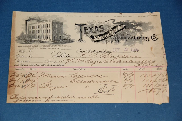 San Antonio Texas Letterhead Receipt Shoe & Leather Mfg. Dated 1897