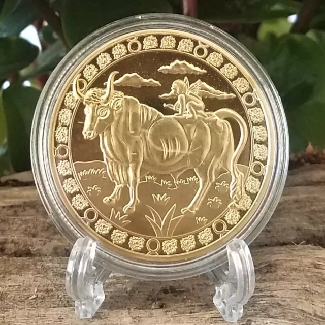 Taurus Gold Plated Zodiac Medallion Gift for Astrology Fans 1.57" Coin & Stand