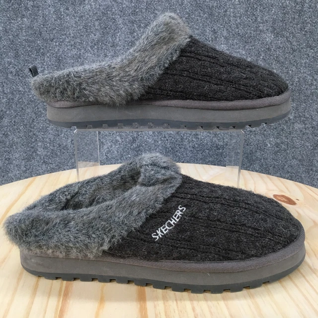 Skechers Slippers Womens 10 Keepsakes Postage Mule Grey Knit Faux Fur 46346