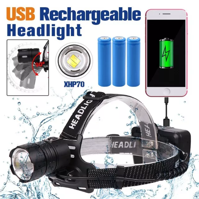 LED Head Torch Headlight Rotatable Camping Headlamp USB Rechargeable Waterproof