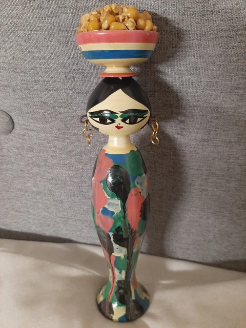 9" Wooden Woman Vendor Selling A Bowl Of Corns