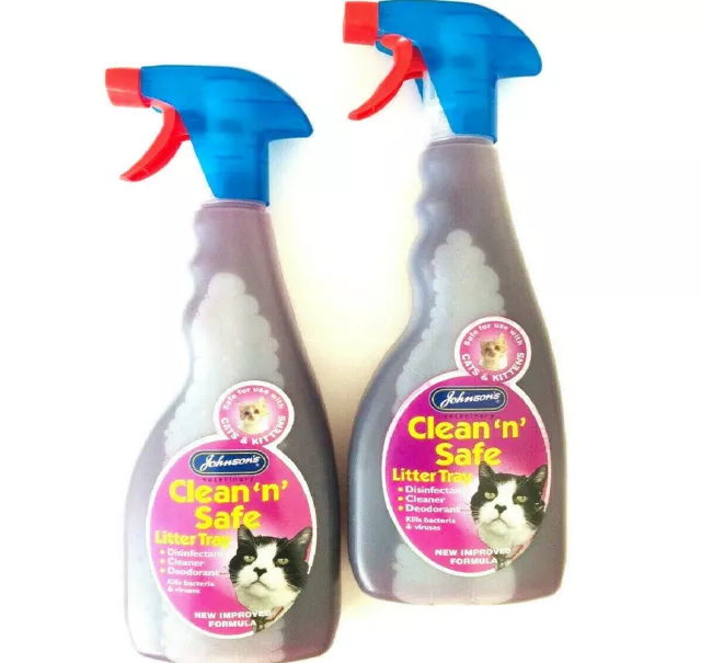 2 x 500ml JOHNSONS CLEAN SAFE LITTER TRAY SPRAY : Cat Disinfectant bp Cleaner 1L