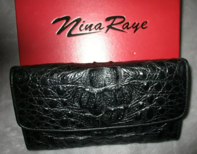 New! Nina Raye Genuine Crocodile Skin Black Wallet/Clutchw/Box