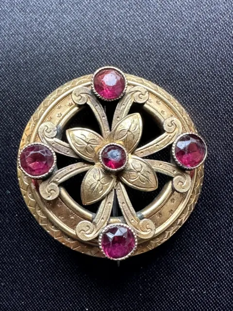Magnificent French Antique Victorian Gold Plated Brooch with garnet stones 1.25"