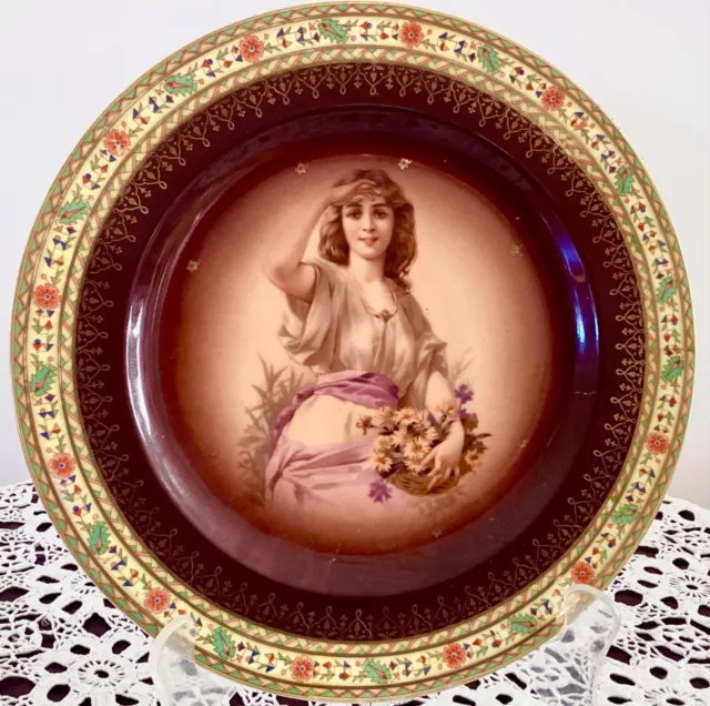 Antique Bohemian Porcelain Young Lady Portrait Decorative Plate 29 cm
