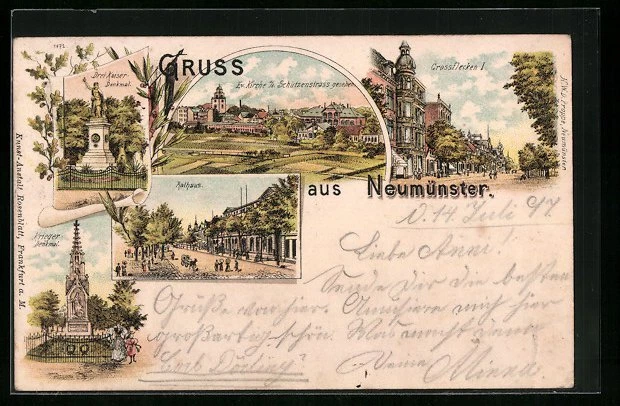 Lithographie Neumünster, Ortsansicht, Drei Kaiser-Denkmal, Straßenpartie mit Ra