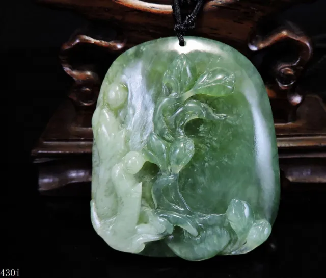 100% Natural Hand-carved Jade Pendant Jadeite Necklace monks&lotus flower G430i