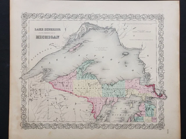 1855 Colton Map - Upper Michigan Peninsula - 100% Genuine Antique