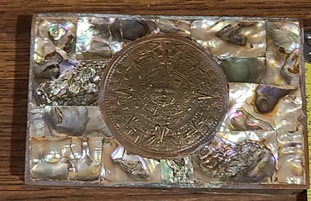 Abalone Mother of Pearl Hinged Brass Trinket Jewelry Box Mexico Aztec Mayan Vtg