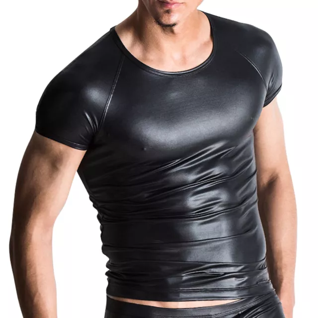 Mens Wetlook Faux Leather  Round Neck T-shirt Muscle Tops Nightclub Undershirt