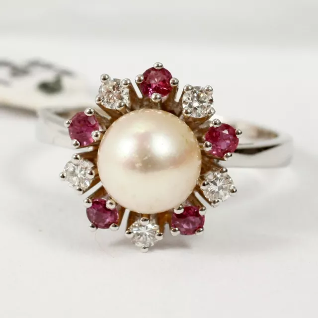 Bague En 585 or Blanc Avec Perle de Culture, Rubis Et Brillant 0,23 CT Tw.si