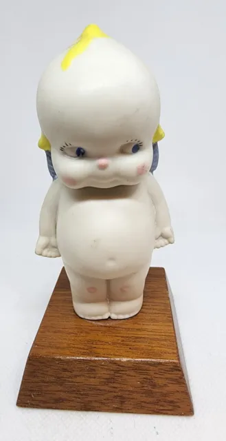 Vintage Blue Winged Bisque Porcelain 4 Inch Kewpie Doll On Wooden Stand