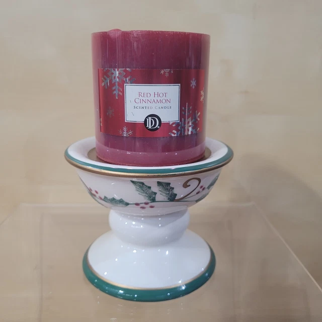 Glitter Holly Berry Green Leaf Pillar Candle Holder Ceramic Christmas Hot Cinn