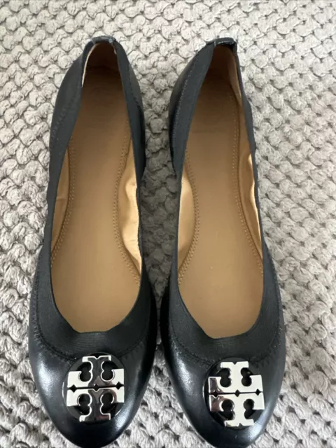 Tory Burch Women's Black Leather Logo Jolie Ballet Flats Shoes Sz 8.5 M NEW