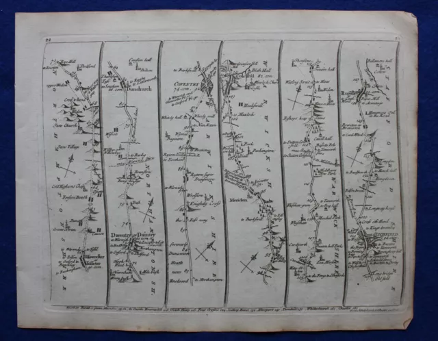 Original SENEX road map 'Ogilby Reduced' Plates 22-23, NORTHANTS, CHESHIRE, 1757