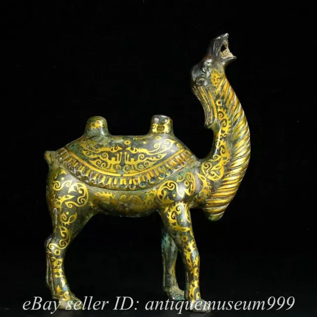 12" Old Chinese Copper Bronze Inlaying Gold Feng Shui Camel Statue Sculpture