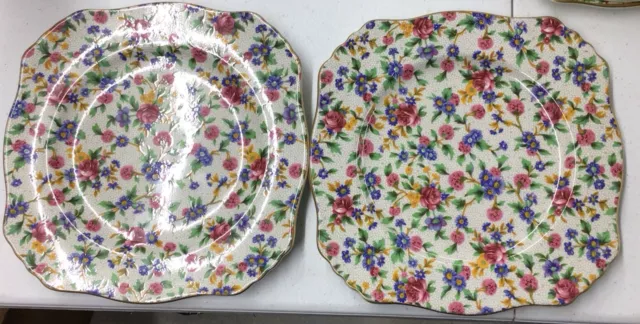 2 Vtg Royal Winton Grimwades Old Cottage Chintz  Square Salad Plates