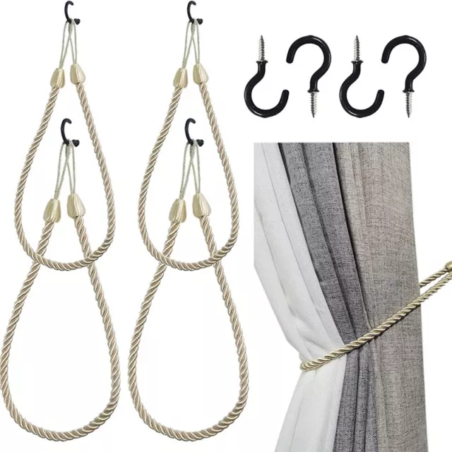 Curtain Tiebacks Ropes 4 Pack, Curtain Holdbacks with 4 Metal Screw Hooks,8920
