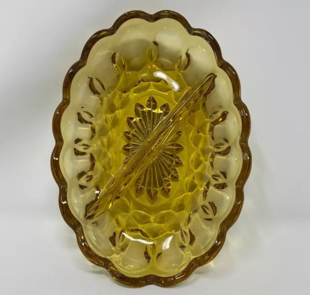 Vintage Amber Glass Scalloped Divided Dish Relish Candy Nut Tray 7x5"