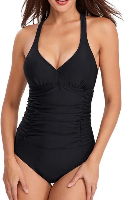 Ladies Swimming Costume Black One Piece Tummy Control Swimsuit Holiday Beach